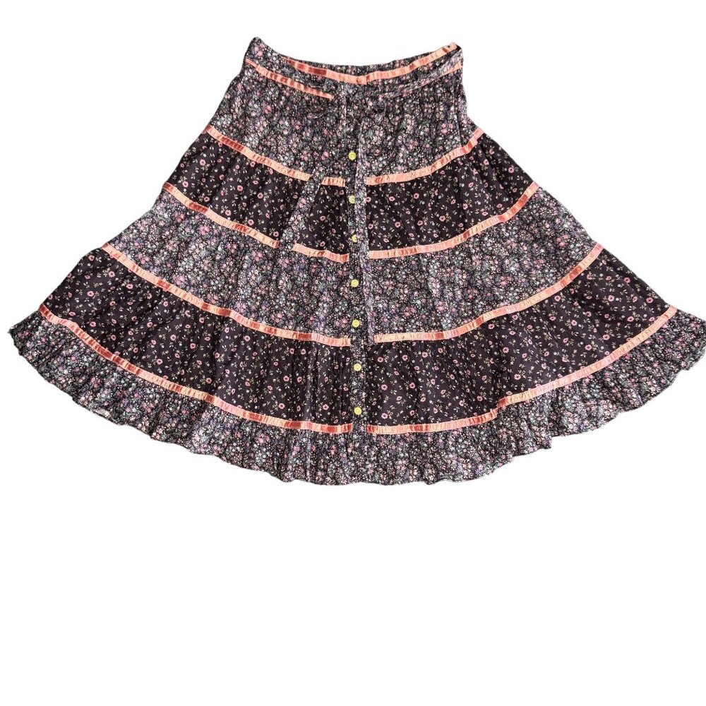 VTG Gunne Sax Black Romantic Floral Print Pink Ribbon Tiered Prairie Skirt sz 10